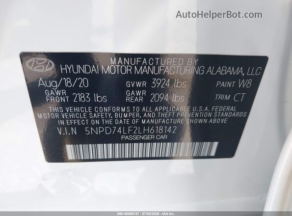 5NPD74LF2LH618142 2020 HYUNDAI ELANTRA White Շարժիչի բաժամունքի տեսք