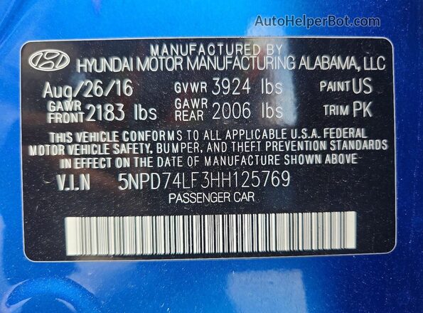 5NPD74LF3HH125769 2017 HYUNDAI ELANTRA Blue Vista del compartimento del motor