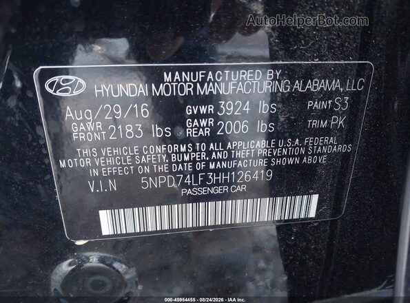 5NPD74LF3HH126419 2017 HYUNDAI ELANTRA Black Вид підкапотного простору