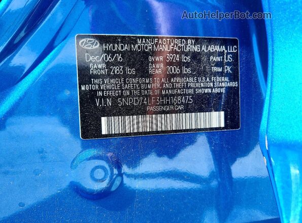 5NPD74LF3HH168475 2017 HYUNDAI ELANTRA Blue VIN sticker view