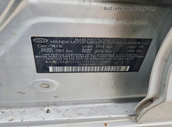 5NPD74LF3HH172588 2017 HYUNDAI ELANTRA Silver ძრავის განყოფილების ხედი