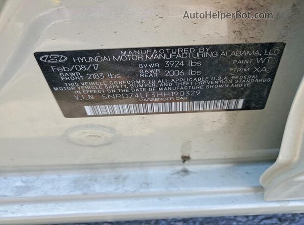 5NPD74LF3HH190329 2017 HYUNDAI ELANTRA Beige Vista de la etiqueta del VIN