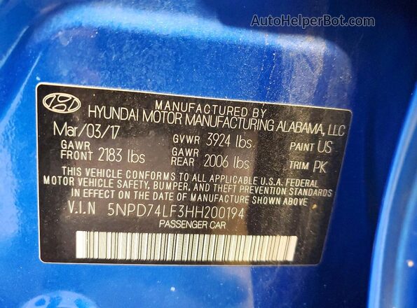 5NPD74LF3HH200194 2017 HYUNDAI ELANTRA Синий Вид подкапотного пространства