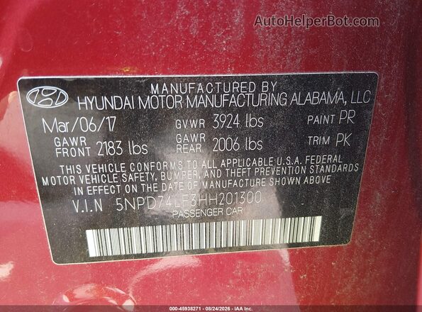 5NPD74LF3HH201300 2017 HYUNDAI ELANTRA Red Շարժիչի բաժամունքի տեսք