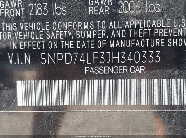 5NPD74LF3JH340333 2018 HYUNDAI ELANTRA Black Widok komory silnika