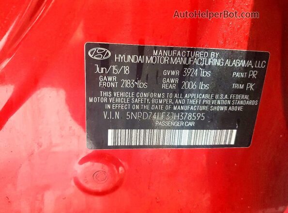5NPD74LF3JH378595 2018 HYUNDAI ELANTRA Red VIN կոդի պիտակի տեսք