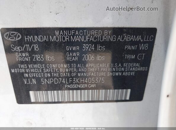 5NPD74LF3KH405375 2019 HYUNDAI ELANTRA White Շարժիչի բաժամունքի տեսք