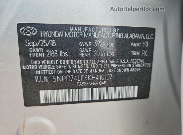 5NPD74LF3KH410107 2019 HYUNDAI ELANTRA Silver Widok naklejki z numerem VIN