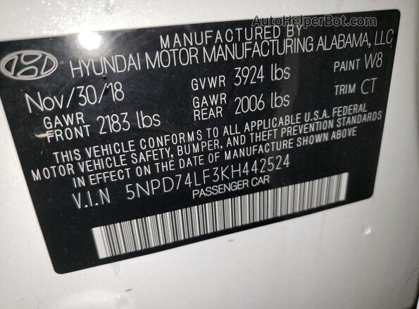 5NPD74LF3KH442524 2019 HYUNDAI ELANTRA White Շարժիչի բաժամունքի տեսք