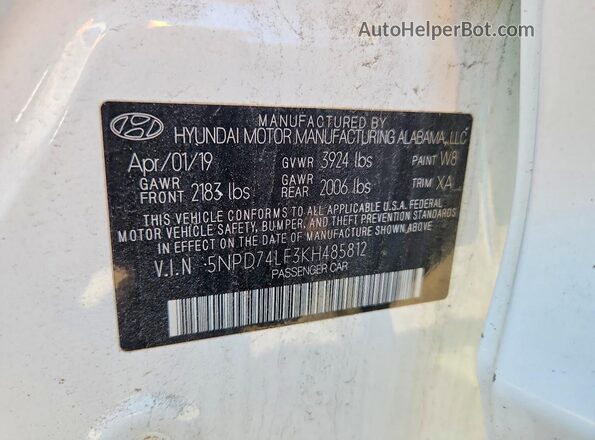 5NPD74LF3KH485812 2019 HYUNDAI ELANTRA Белый Вид подкапотного пространства