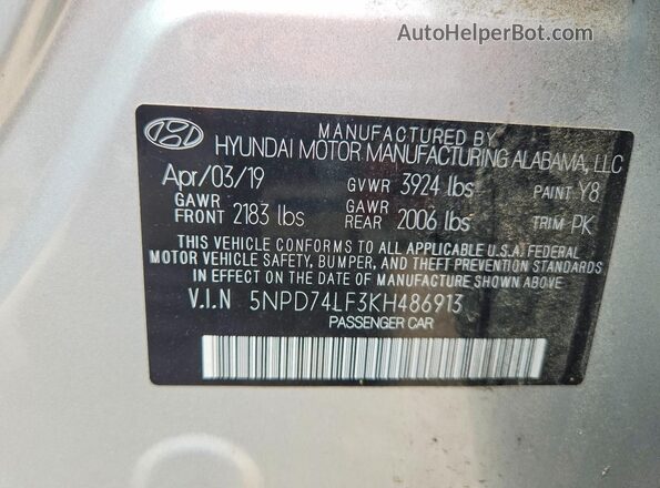 5NPD74LF3KH486913 2019 HYUNDAI ELANTRA Серебряный Вид подкапотного пространства