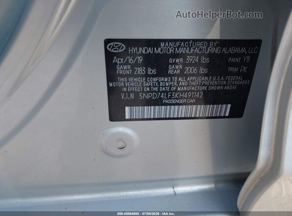 5NPD74LF3KH491142 2019 HYUNDAI ELANTRA Silver Vista del compartimento del motor