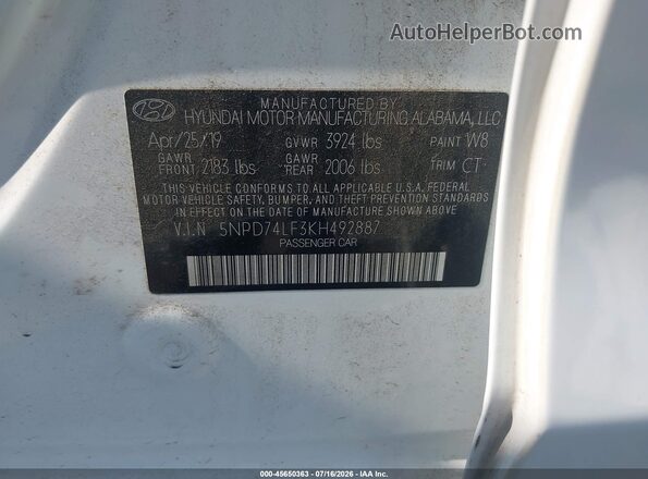 5NPD74LF3KH492887 2019 HYUNDAI ELANTRA White Շարժիչի բաժամունքի տեսք