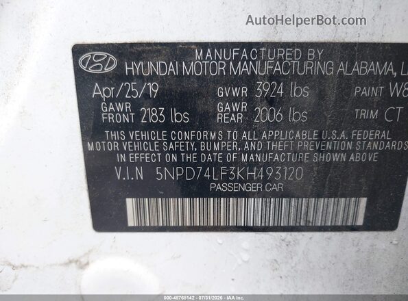 5NPD74LF3KH493120 2019 HYUNDAI ELANTRA Белый Вид подкапотного пространства