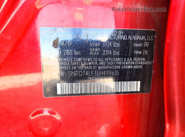 5NPD74LF3LH499615 2020 HYUNDAI ELANTRA Бордовый Вид подкапотного пространства