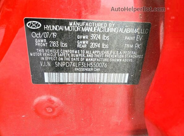 5NPD74LF3LH550076 2020 HYUNDAI ELANTRA Красный Вид подкапотного пространства