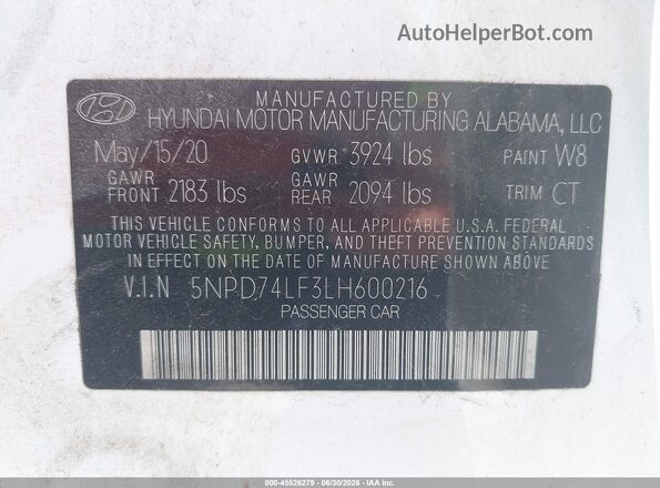 5NPD74LF3LH600216 2020 HYUNDAI ELANTRA White Շարժիչի բաժամունքի տեսք