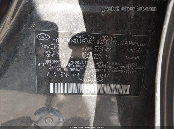 5NPD74LF3LH601642 2020 HYUNDAI ELANTRA Black Շարժիչի բաժամունքի տեսք