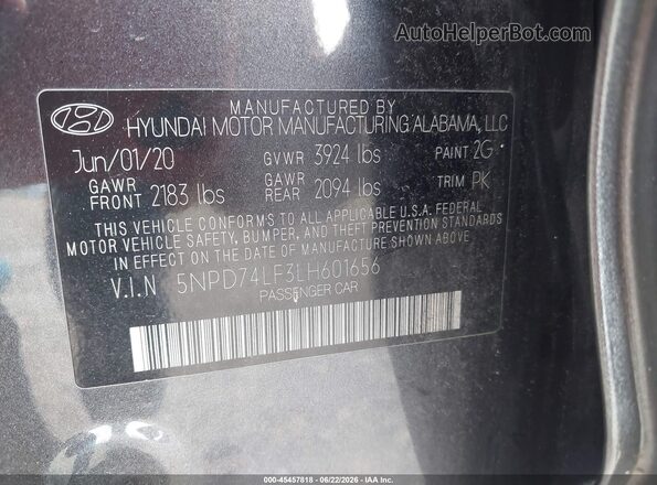 5NPD74LF3LH601656 2020 HYUNDAI ELANTRA Gray Engine compartment view