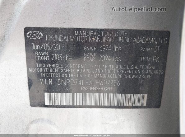 5NPD74LF3LH602256 2020 HYUNDAI ELANTRA Silver Շարժիչի բաժամունքի տեսք