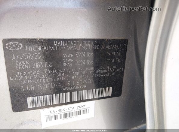 5NPD74LF3LH602970 2020 HYUNDAI ELANTRA Silver Շարժիչի բաժամունքի տեսք