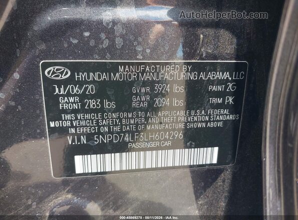 5NPD74LF3LH604296 2020 HYUNDAI ELANTRA Gray Շարժիչի բաժամունքի տեսք
