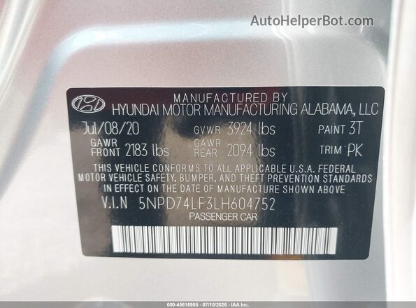 5NPD74LF3LH604752 2020 HYUNDAI ELANTRA Silver Вид підкапотного простору