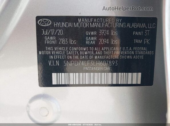 5NPD74LF3LH607893 2020 HYUNDAI ELANTRA Silver Շարժիչի բաժամունքի տեսք
