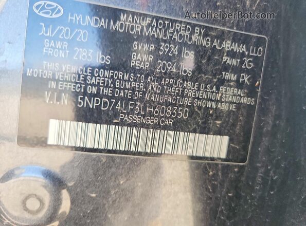 5NPD74LF3LH608350 2020 HYUNDAI ELANTRA Gray ძრავის განყოფილების ხედი
