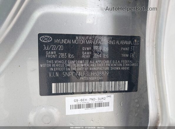 5NPD74LF3LH608879 2020 HYUNDAI ELANTRA Серебряный Вид подкапотного пространства