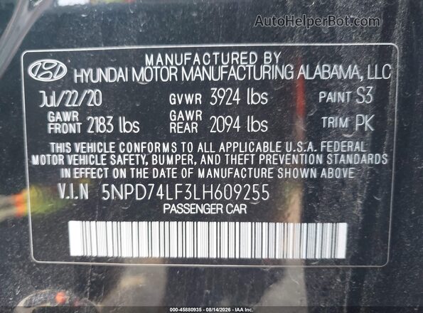 5NPD74LF3LH609255 2020 HYUNDAI ELANTRA Black Вид підкапотного простору