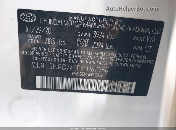 5NPD74LF3LH611250 2020 HYUNDAI ELANTRA White Շարժիչի բաժամունքի տեսք