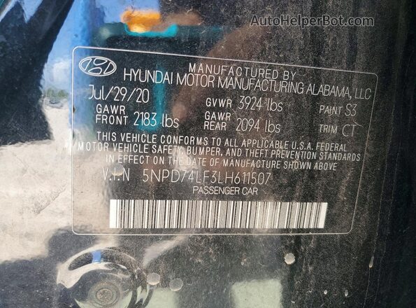5NPD74LF3LH611507 2020 HYUNDAI ELANTRA Black Engine compartment view