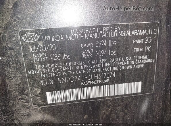 5NPD74LF3LH612074 2020 HYUNDAI ELANTRA Gray Շարժիչի բաժամունքի տեսք