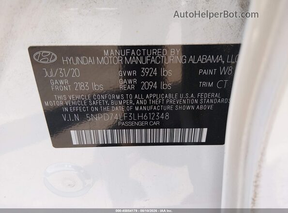 5NPD74LF3LH612348 2020 HYUNDAI ELANTRA White Engine compartment view