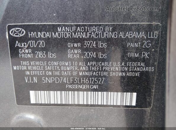 5NPD74LF3LH612527 2020 HYUNDAI ELANTRA Gray Вид підкапотного простору