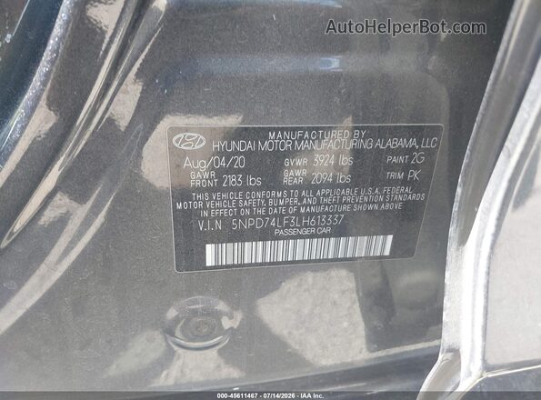5NPD74LF3LH613337 2020 HYUNDAI ELANTRA Gray Շարժիչի բաժամունքի տեսք