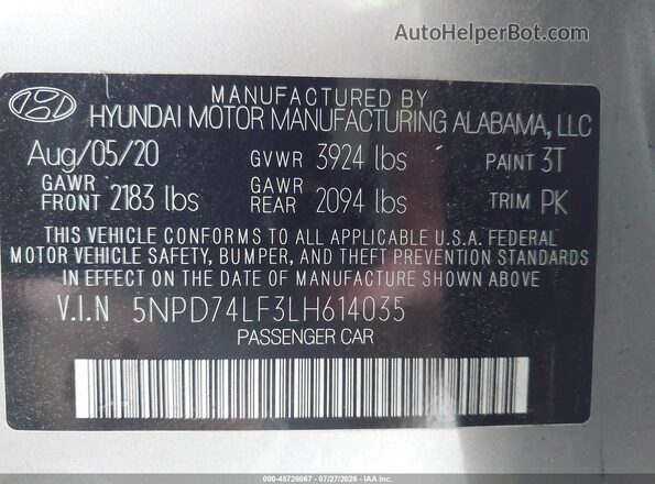 5NPD74LF3LH614035 2020 HYUNDAI ELANTRA Silver Vista del compartimento del motor