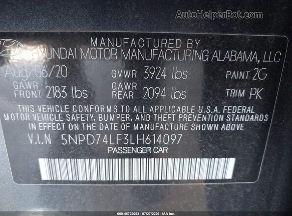 5NPD74LF3LH614097 2020 HYUNDAI ELANTRA Gray Engine compartment view