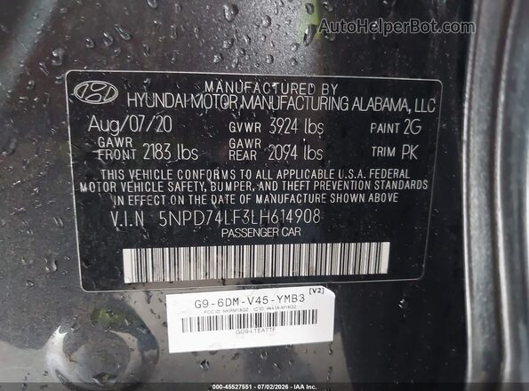 5NPD74LF3LH614908 2020 HYUNDAI ELANTRA Gray Շարժիչի բաժամունքի տեսք
