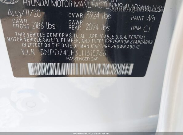 5NPD74LF3LH615766 2020 HYUNDAI ELANTRA White Vista del compartimento del motor