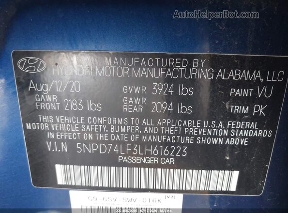 5NPD74LF3LH616223 2020 HYUNDAI ELANTRA Blue Widok komory silnika
