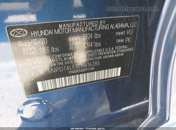 5NPD74LF3LH616285 2020 HYUNDAI ELANTRA Blue Engine compartment view