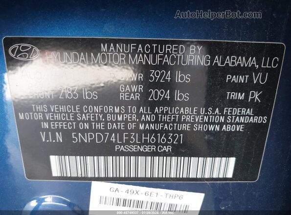 5NPD74LF3LH616321 2020 HYUNDAI ELANTRA Blue Вид підкапотного простору