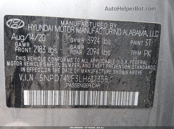 5NPD74LF3LH617355 2020 HYUNDAI ELANTRA Серебряный Вид подкапотного пространства