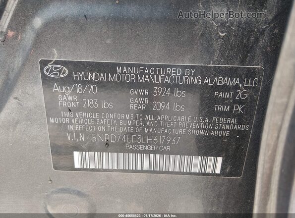5NPD74LF3LH617937 2020 HYUNDAI ELANTRA Gray Widok komory silnika
