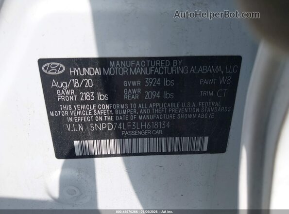 5NPD74LF3LH618134 2020 HYUNDAI ELANTRA White Vista del compartimento del motor