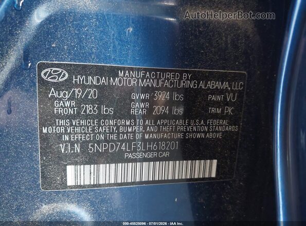 5NPD74LF3LH618201 2020 HYUNDAI ELANTRA Blue Շարժիչի բաժամունքի տեսք