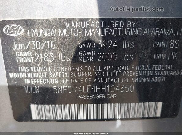 5NPD74LF4HH104350 2017 HYUNDAI ELANTRA Silver Vista del compartimento del motor