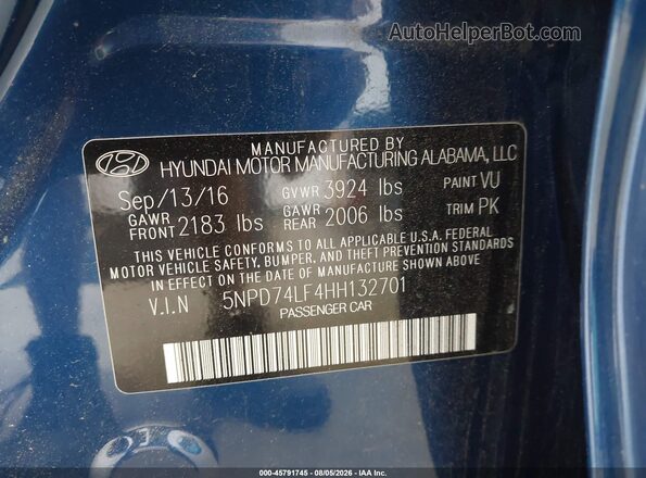 5NPD74LF4HH132701 2017 HYUNDAI ELANTRA Blue ძრავის განყოფილების ხედი